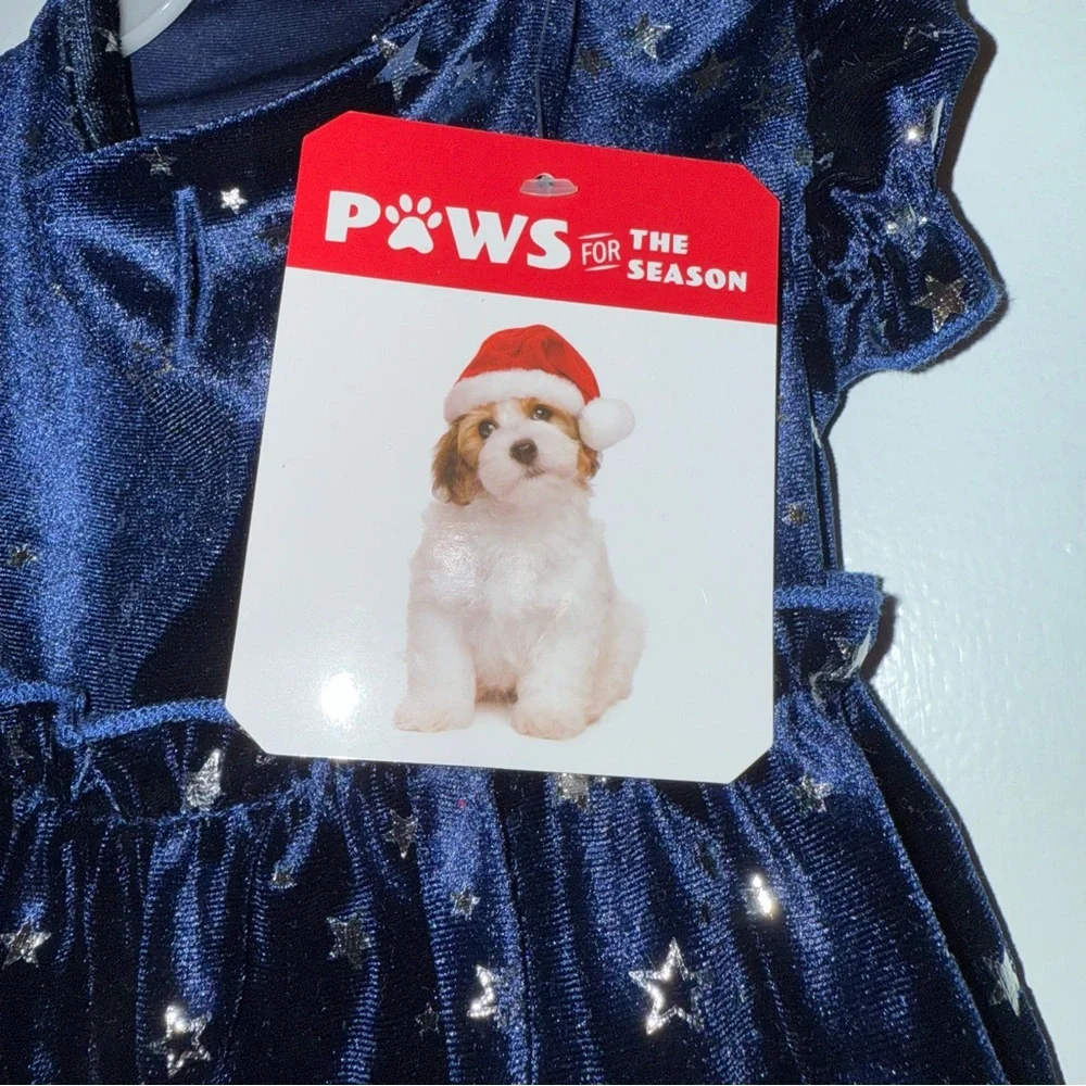 🆕 Paws for the Season Navy BlueVelour Dog Dress w/ Silver Stars Size Small